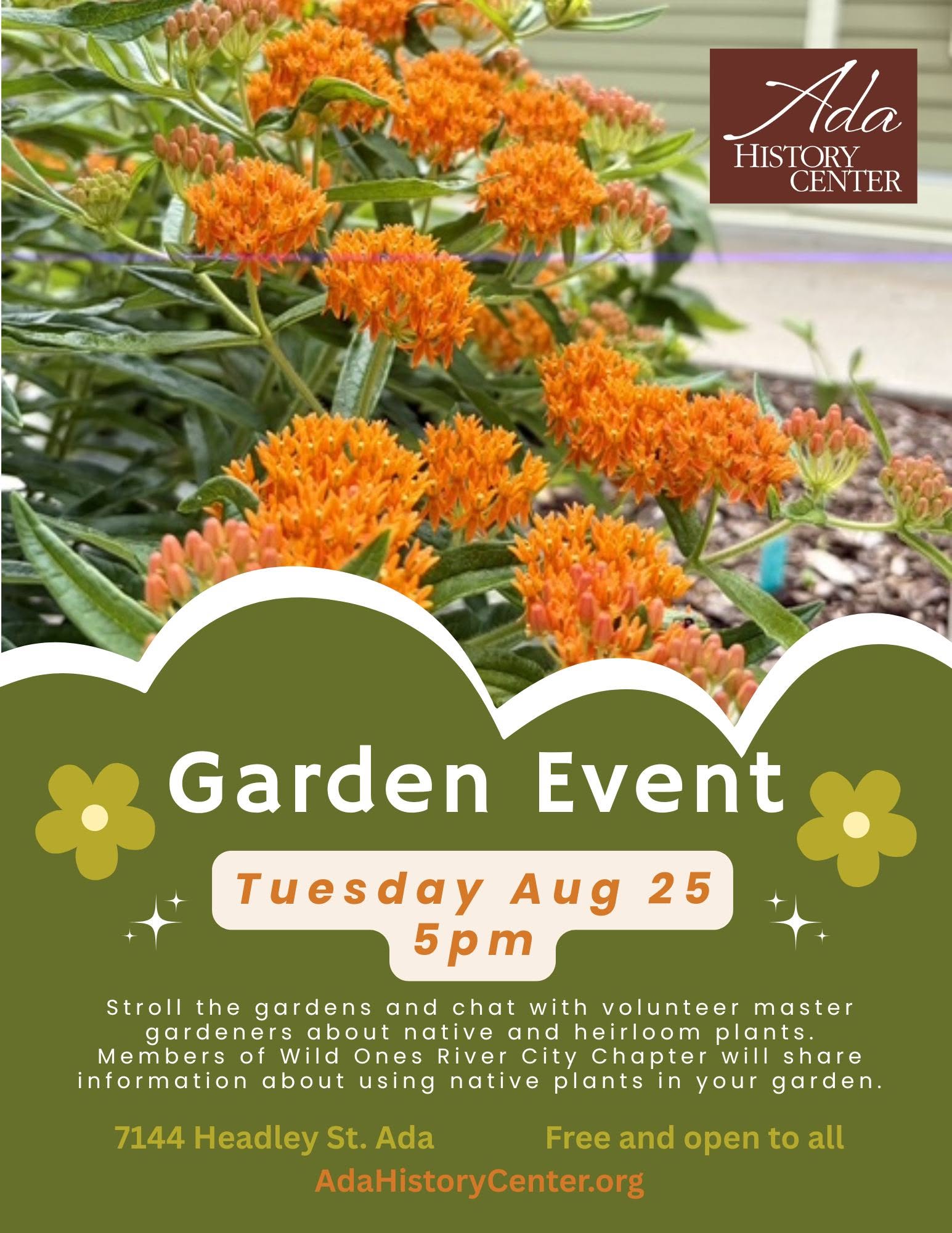 Picture of flowers and information to promote the Ada History Center Garden Event