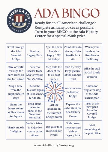 Ada Bingo card promoting an interactive activity to celebrate America's 250th.