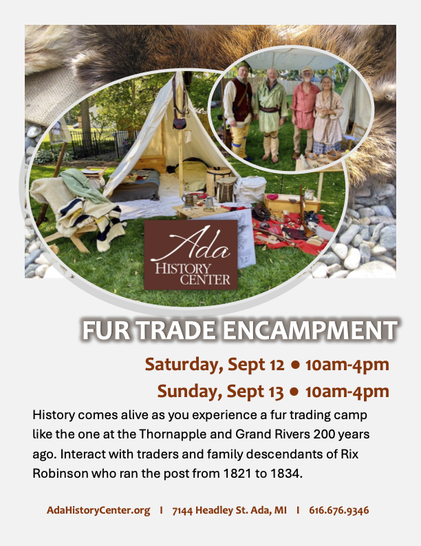 Flyer featuring a tent and fur traders to promote the Ada History Center Fur Trade Encampment